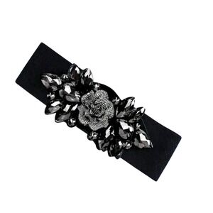 Womens Black Elastic Stretch Belt Rhinestone Flower Embellishment Accessory